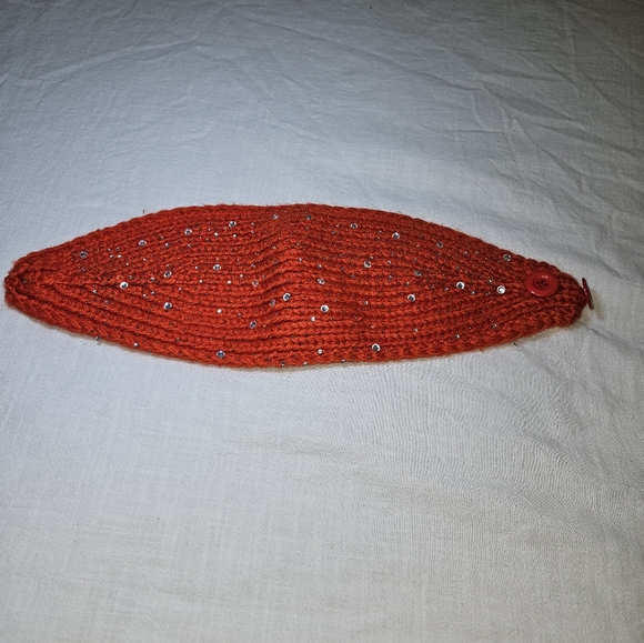 🛍Knit Headband Earwarmer w Button Closure [Orange] w Clear Jewels *NWOT* - Picture 3 of 5